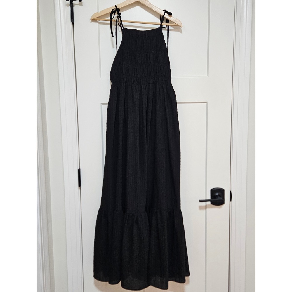 ZARA Black Smocked Maxi Dress Womens Medium Tie Shoulder Gauze Boho Sleeveless